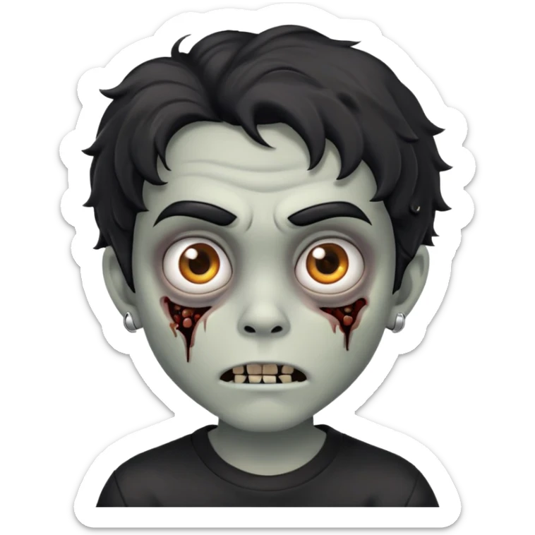 Menino de cabelos preto ondulado muleke médio brinco de argola prata redondos e pequenos em forma de zumbi com olhos castanhos usando camisa preta de pele clara sticker