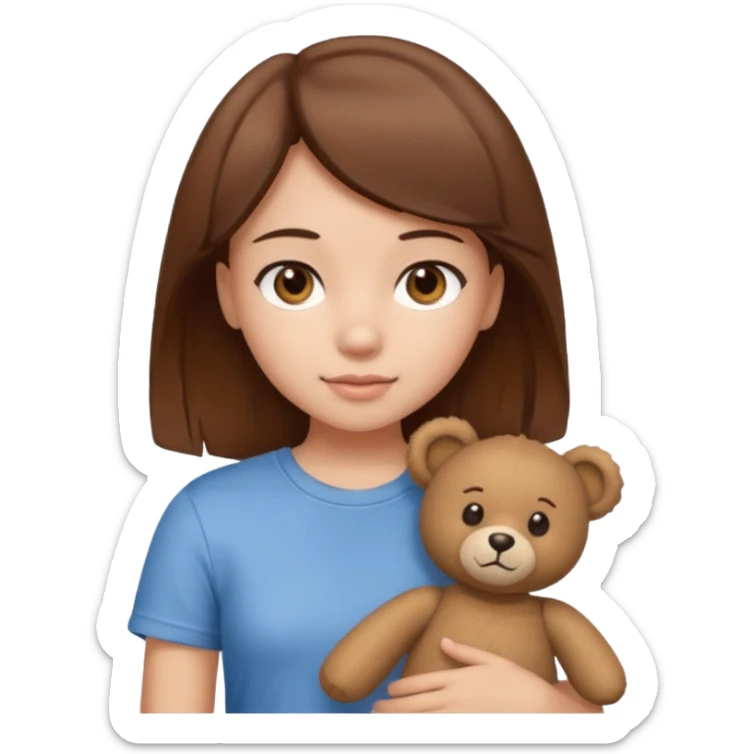 A Girl with Brown hair and Brown eyes with a t-shirt of a Teddy bear sticker
