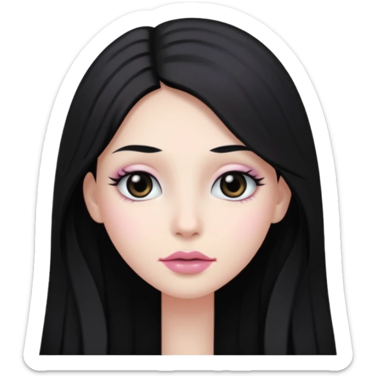 long hair black normal hair with black eyes, and white skin, white pinkish lip  sticker