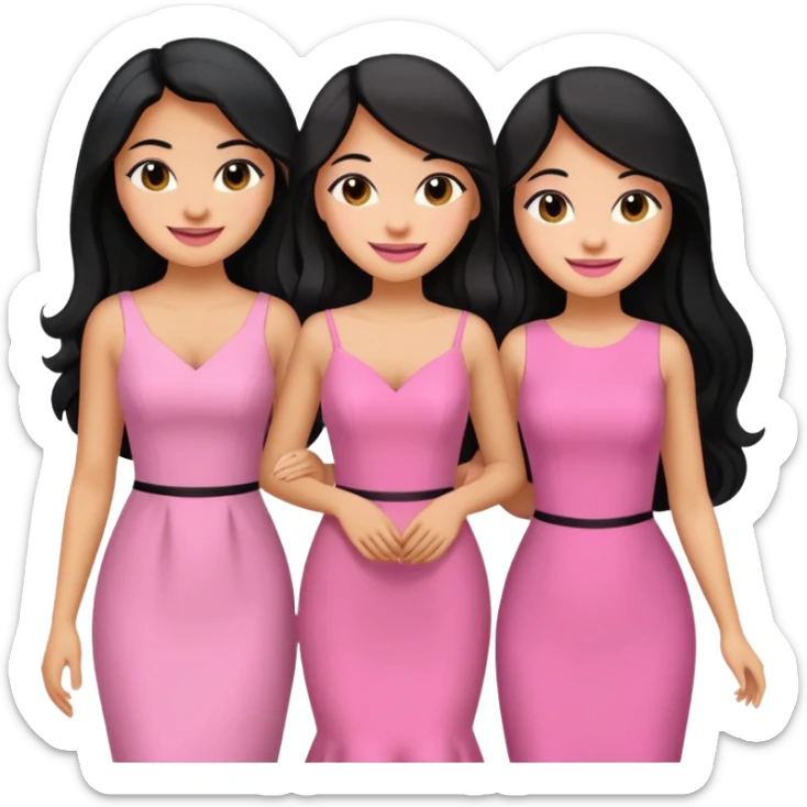 3 besties with professional glammed up looks wearing pink, medium skin tone smiling big with black long hair  sticker