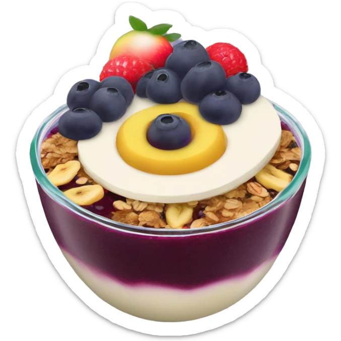 Açaí in a clear cup with layers of fruits and granola and condensed milk sticker