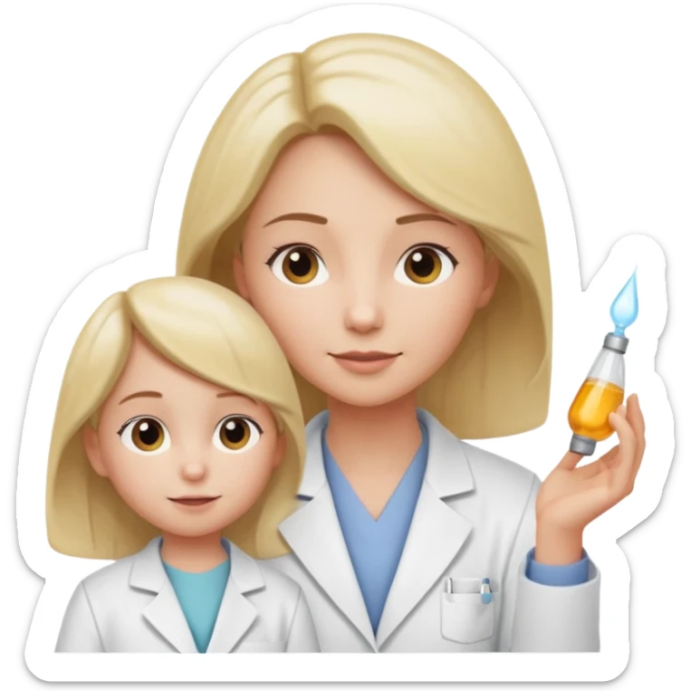 Mostre uma mulher vestida de jaleco branco, atendendo uma criança, expressão leve e detalhamento suave típico de emojis modernos. A cena deve ter um visual limpo, com sombras sutis e contornos suaves, mantendo o estilo cartoon 3D usado em emojis do iOS. Mantendo coerência com o estilo emoji.” sticker