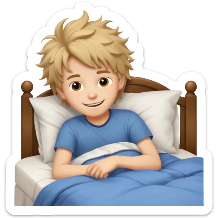 create emoji of a boywho is lying in the bed  in the morning and its time to wake up he should smile  sticker