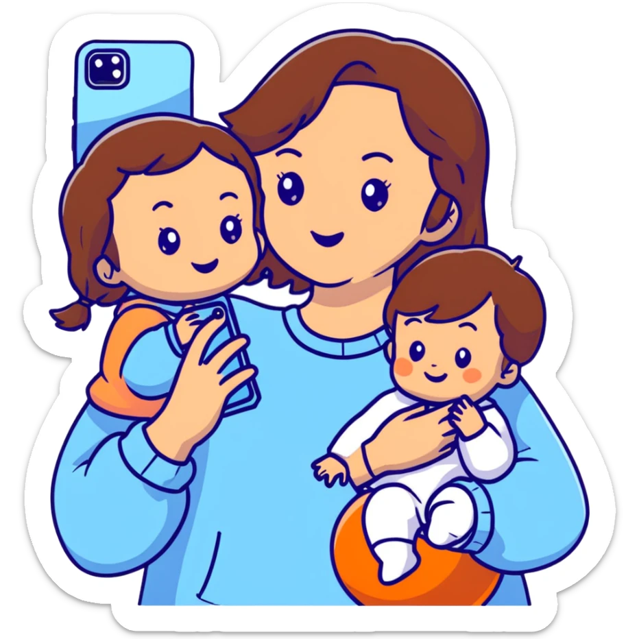 brunette girl with brown hair wearing pastel blue clothes holding a baby and taking a selfie sticker