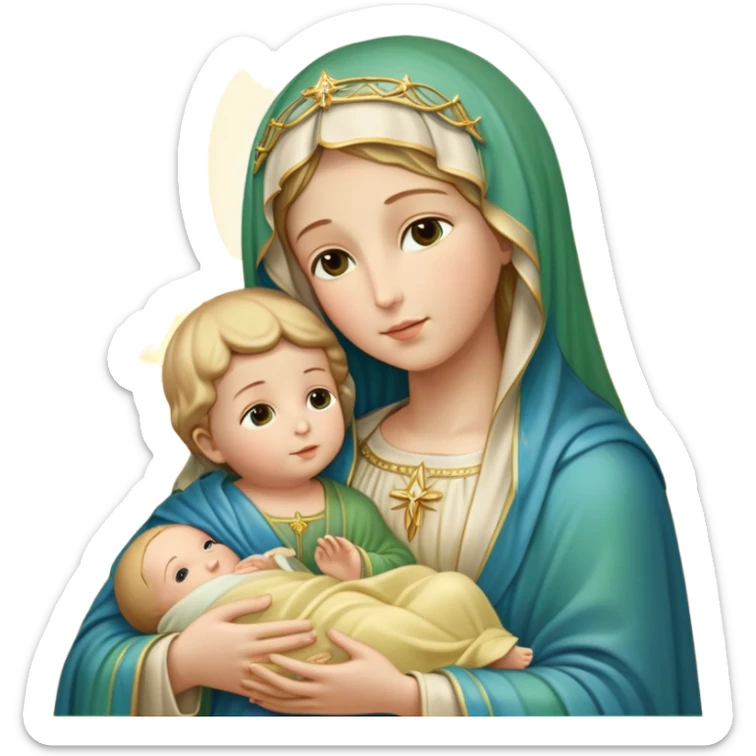 "A highly detailed iOS 18 emoji-style depiction of the Virgin Mary holding baby Jesus. Mary is wearing a green and blue mantle with a soft yellow veil, holding baby Jesus wrapped in a light yellow cloth. Both figures have soft, serene expressions and golden halos around their heads. The background is a glowing golden light with subtle clouds below them. Render in Apple emoji aesthetic — smooth, rounded shapes, bright pastel colors, glossy finish, minimalistic yet expressive, iconic emoji style. Maintain full fidelity to the original pose, colors, and facial features." sticker