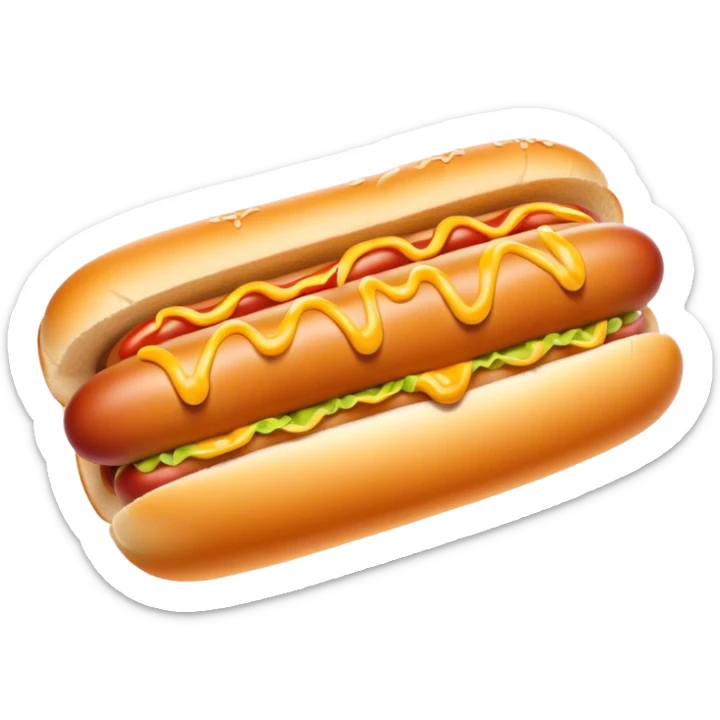 Cinematic classic hot dog, nestled in a soft toasted bun, drizzled with mustard and ketchup, juicy and flavorful, warm golden tones, ultra-detailed and mouthwatering. sticker
