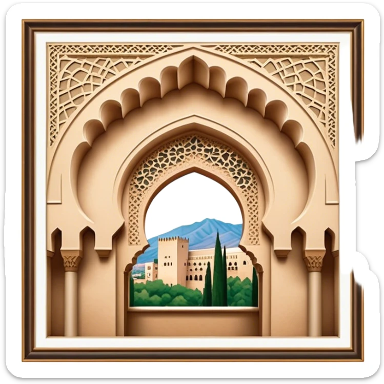 Realistic Alhambra de Granada Landmark Emoji, showcasing the Moorish palace’s intricate arches, geometric patterns, and historic fortress walls. sticker