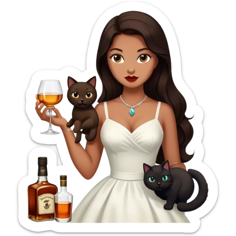 Beautiful woman in 1950’s woman fashion look, white dress, long dark brown hair, whisky with ice, black cat sticker