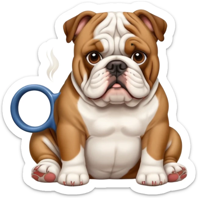 English bulldog sitting patiently with a cup of coffee sticker