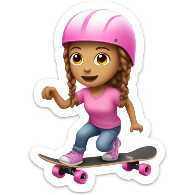 white little girl, brown hair with braids, with pink helmet skateboarding sticker