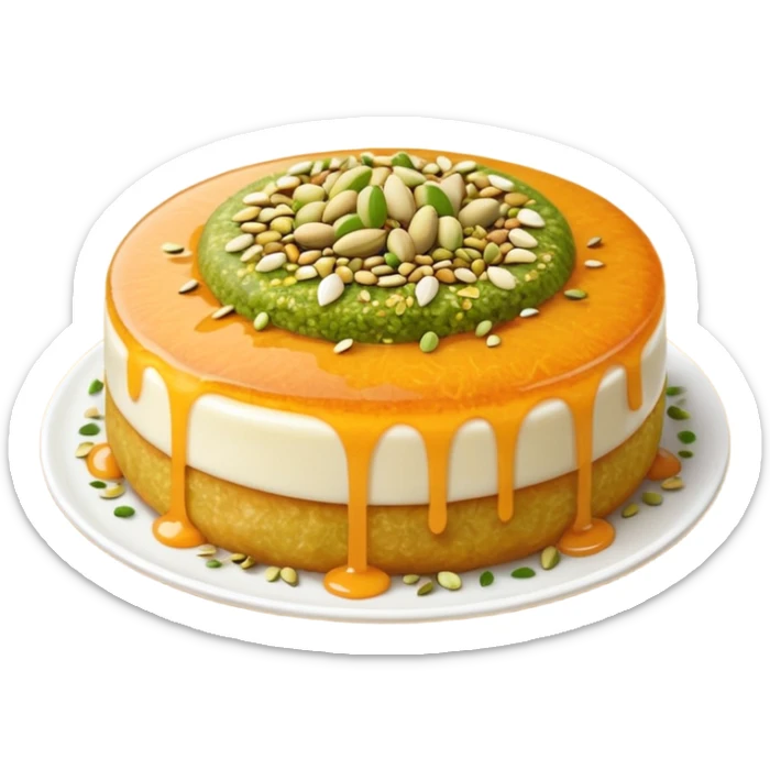 A small round emoji of traditional kanafeh with golden-orange crispy threads, a gooey white cheese center, and a light sprinkle of green pistachios. Warm and delicious-looking. sticker