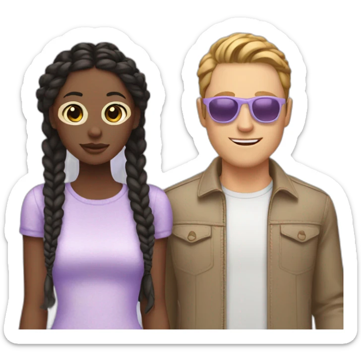 white man with brown hair sunglasses and a black woman with braids wearing a pastel lavender top sticker