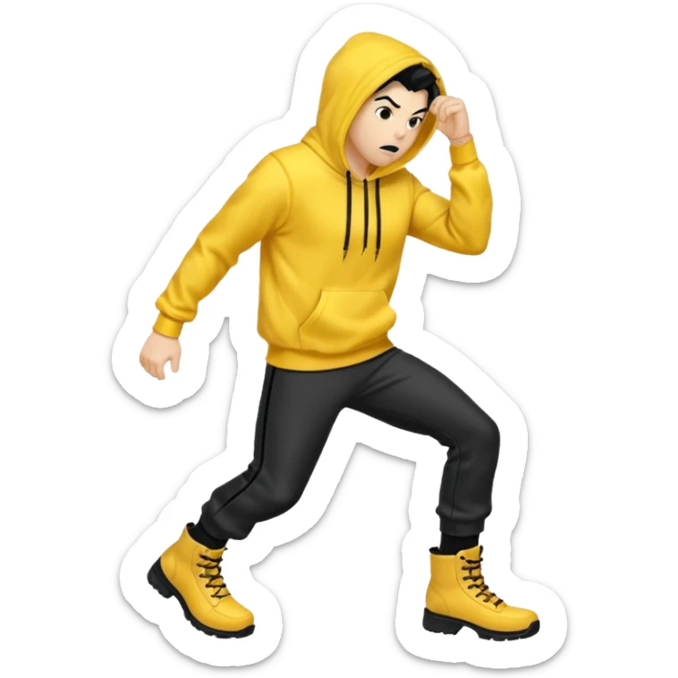 Invincible from the show invincible but whering a yellow hoodie and the mouth covered whering black pants and black boots sticker