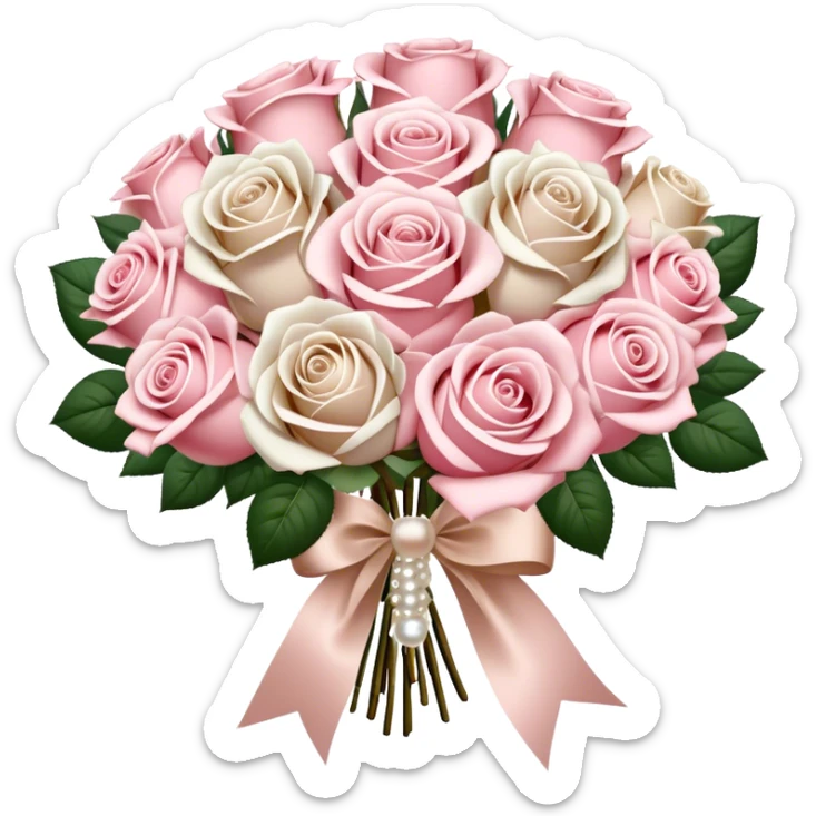beautiful large aesthetic bouquet of roses in vintage style of white and powder pink color obligatory pearl beige silk ribbon  sticker