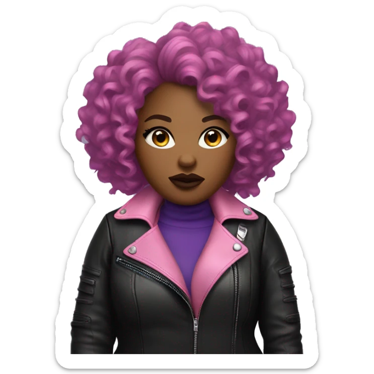 Edgy Plus size black woman with very short pink curly hair and a purple leather biker jacket with makeup on face. sticker