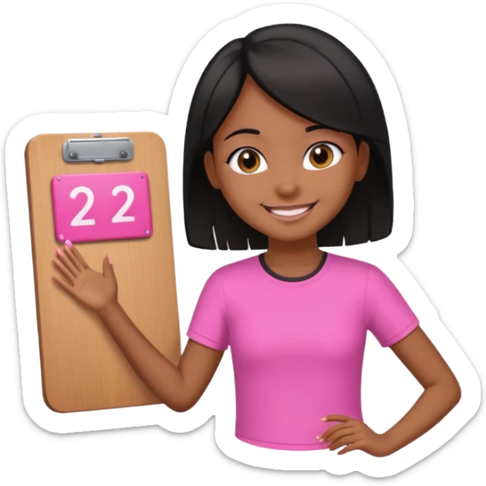 a brown skin teachers with hair that stop at elbows girl with black straight like hair wearing pink not hot pink 2 piece set teaching up on a board sticker