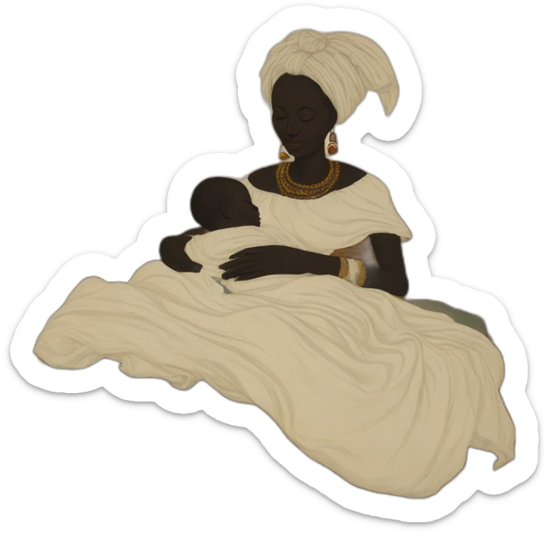 The tribal african woman sleeping in bed with a babies bab babies, 17th century, sticker