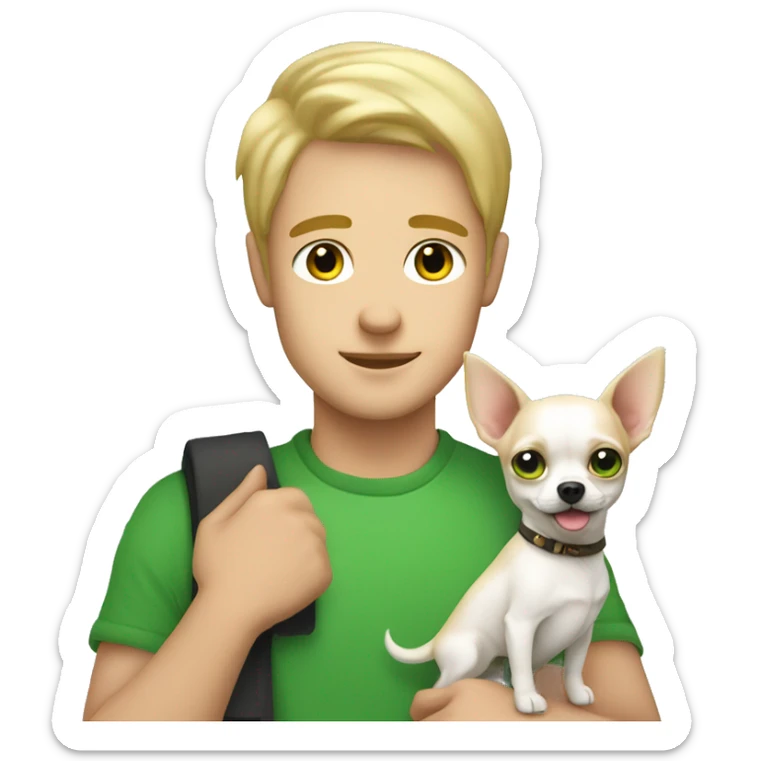 A fair-skinned guy with green eyes and blond hair with a white Chihuahua in his arms sticker