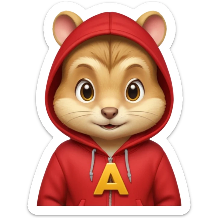 Portrait of a cartoon chipmunk with light brown and beige fur, wearing a red hoodie no zip with a yellow 'A' on it, big round eyes, small nose, and a mischievous grin, front-facing, stylized in animated movie style sticker