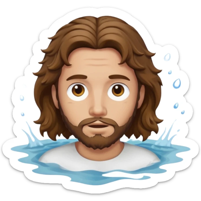 John the Baptist, wavy hair, plain clothes, partially submerged in water, emoji style sticker