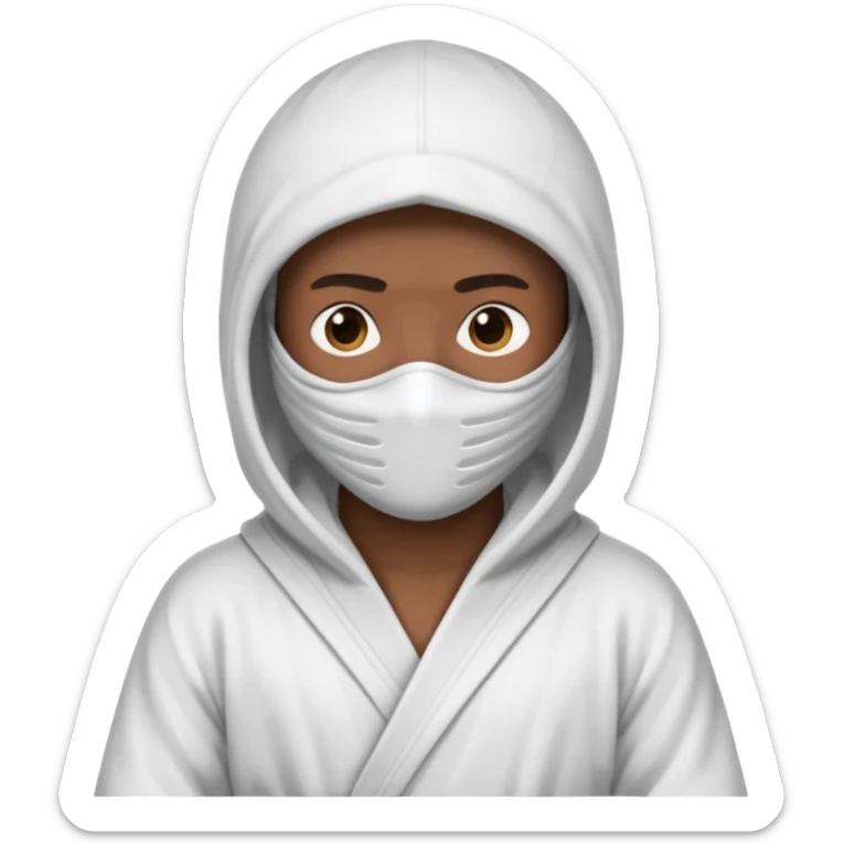 All white ninja robe with no black with white ski mask to cover face and neck with a hoodie on and dark brown skin color sticker