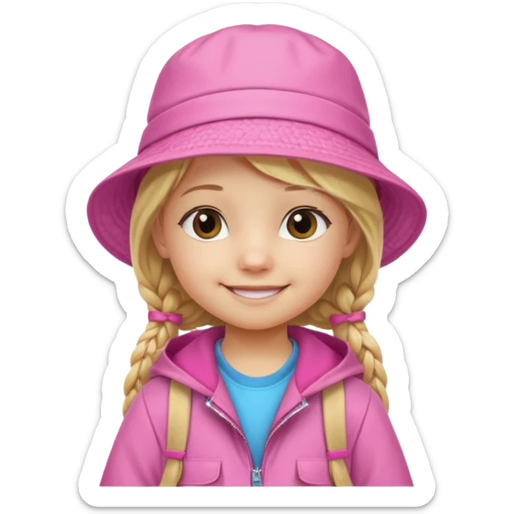 Little girl kid student, long braid blonde, wears pink bucket hat and jacket, backpack, happy sticker