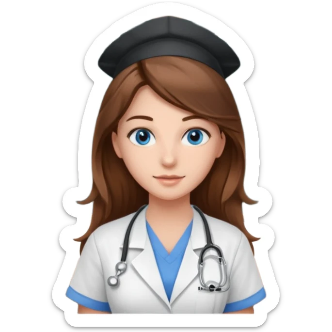 university classroom that says nursing school on the board with a pretty female nursing student with long brown hair, blue eyes sticker