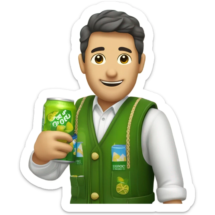 un vendedor con un palo de ciego, un chaleco verde, y tiras de cupones en el chaleco, bebiendose una cerveza sticker