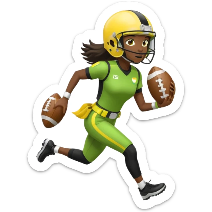 woman running with a football, wearing a helmet, black uniform with white accents, lemon lime flag belt, no country flags sticker