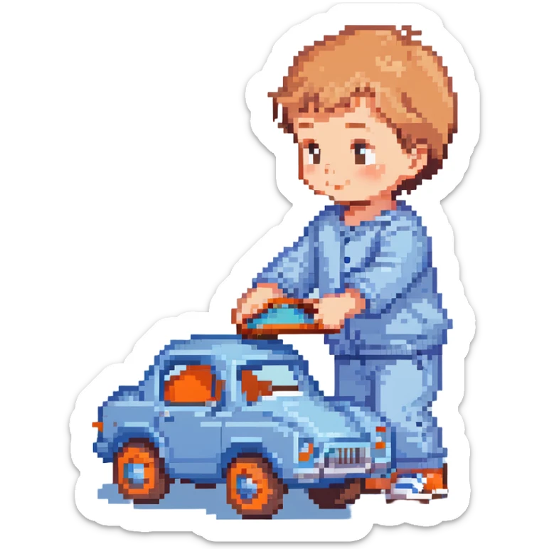 cute toddler boy with pastel blue clothes playing with a blue toy car sticker