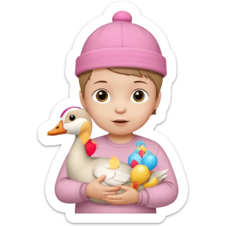 White-skinned baby, brown short hair, in a pink cap on his head, in a beige shirt, birthday, holding a goose toy in his hands sticker