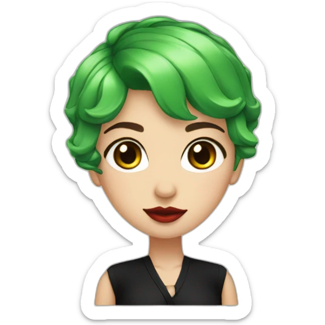 green hair, short hair, black outfit, white girl, red lips, looking directly camera sticker