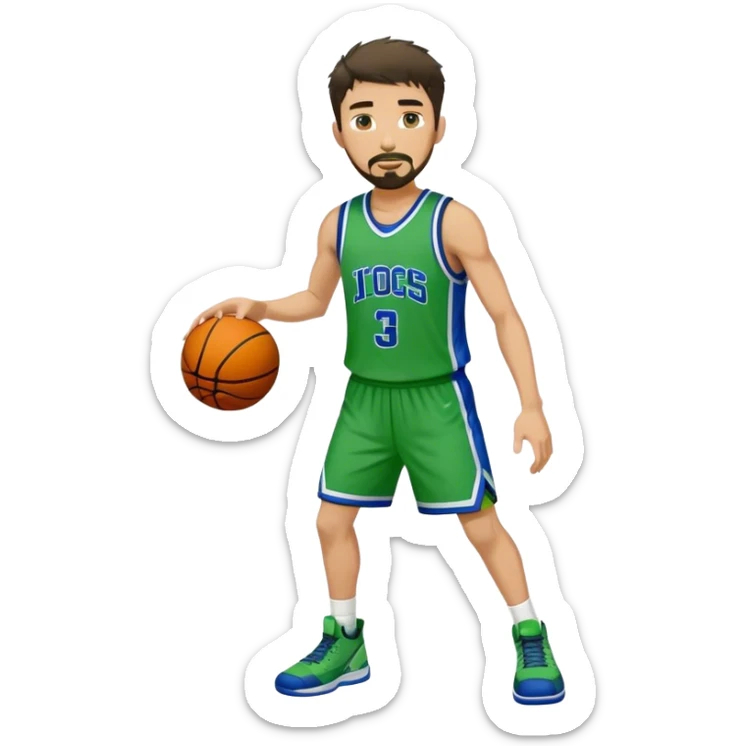 Full Body white male basketball player with short dark shaggy hair and goatee wearing green and blue uniform sticker