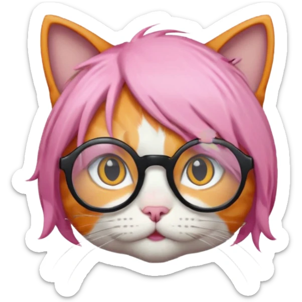 Orange Yellow cat wearing a little pink hair wig, black circle glasses, white T-shirt sticker