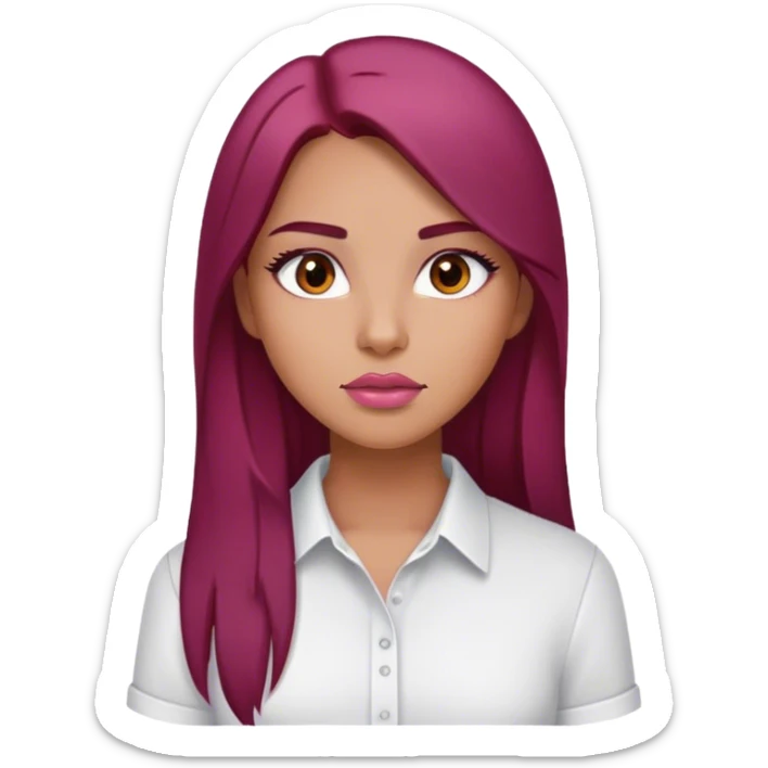 Tan girl, Brown eyes, pink lips, dark brown eyebrows, long straight dark red hair, white shirt sticker