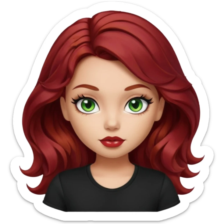 a pretty fair bratz girl with wavy dark red hair, wearing a black tee. eyeliner on, green eyes sticker