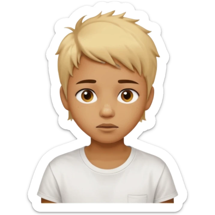 caramel skin color. Teen age. Short buzz, messy blonde hair, large expressive golden-brown eyes, brown skin color, scar over nose, wearing a plain white t-shirt. sticker