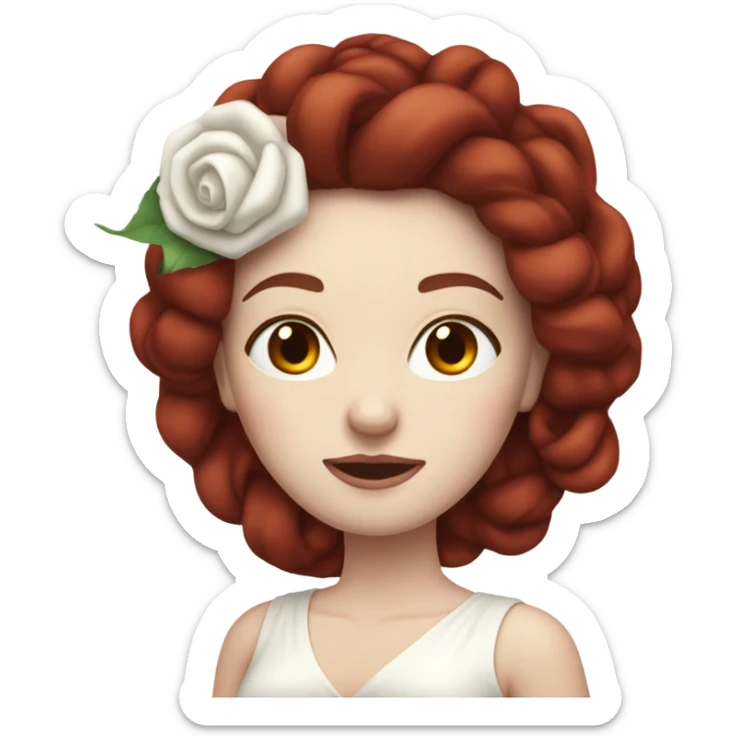 30-something pale-skinned woman with all her dark red hair coiled tightly up on her head, wearing a white dress sticker