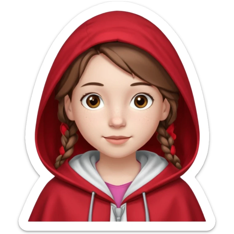 A 12-year-old girl, with fair skin, freckles, and a warming smile that shows her pale pink lips. She has big brown eyes and normal eyebrows. Her brown hair is styled in French braids that reach her breasts. She wears a bright red hooded cloak with the hood drawn over a pretty white tank top. sticker