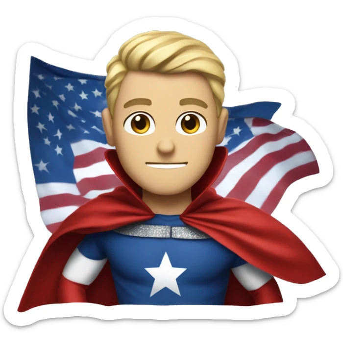 Emoji of Homelander from ‘The Boys’ series. USA flag-inspired costume with cape (red, blue, white). Confident, slightly menacing expression. sticker
