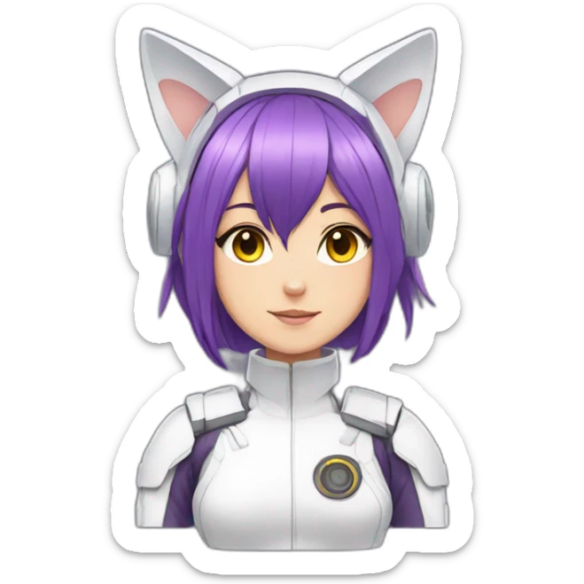 Anime mech pilot girl with purple hair white pilot suit and cat ears sticker