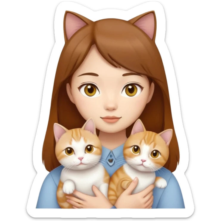 Asian girl, brown hair, brown eyes holding three cats one ginger, one yellow white one British short hair and cream colour sticker