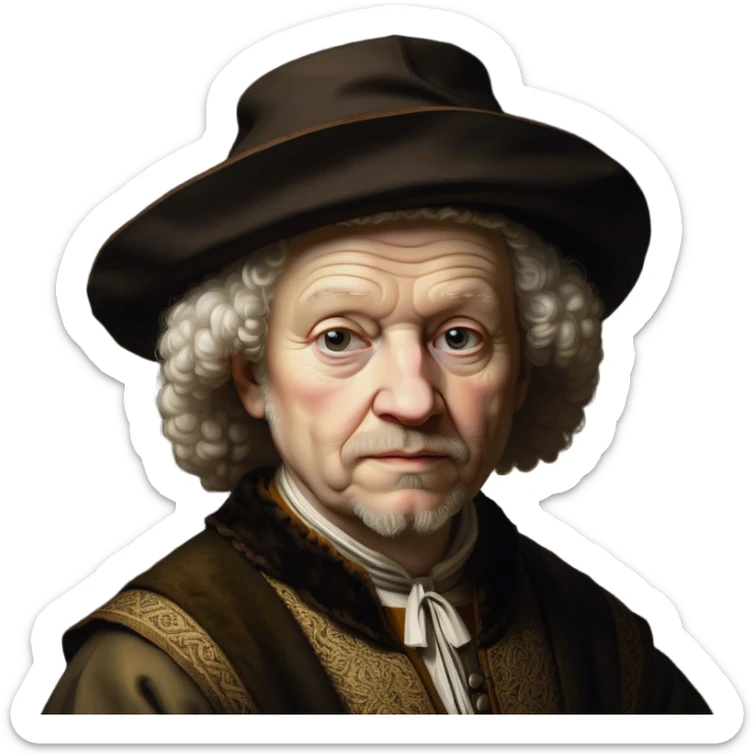 Cinematic Realistic portrait of Rembrandt, shown as a master artist with deep, introspective eyes and richly detailed period clothing, rendered with dramatic chiaroscuro lighting that emphasizes his legacy sticker