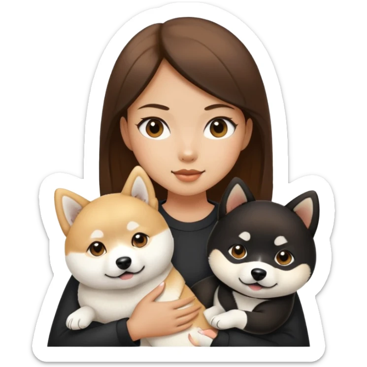 Brunette girl holding a white shiba inu and a black Shiba Inu sticker