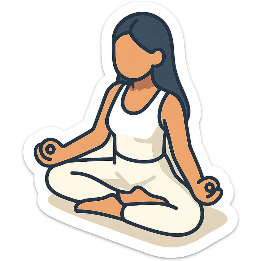 a woman with long dark hair, wearing a white yoga outfit, sitting in lotus pose facing forward, 2D isometric illustration style, matching the reference image sticker