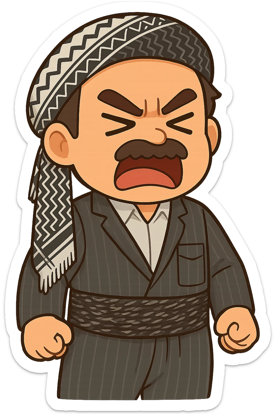 Cartoon sticker of a Kurdish man with the exact same clothes and scarf as the reference image, no changes to clothing or scarf. Face showing anger and rage with furrowed eyebrows and mouth either open or closed. Both hands clenched into fists at the sides of the body. Colorful and cheerful style, no shadows or color halos around the image, no text. Suitable for WhatsApp and Instagram, with a completely transparent background. sticker