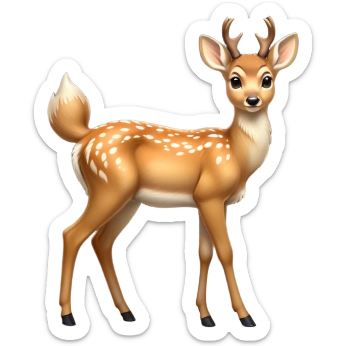 cinematic-[deer]-realistic-full-body-standing on all fours-emoji,-tail-tucked-close,-head-tilted-dramatically,-sleek-[fawn]-fur,-simplified-yet-realistic-focused-features,-highly-detailed,-glowing-with-an-almost-sarcastic-glow big antlers sticker