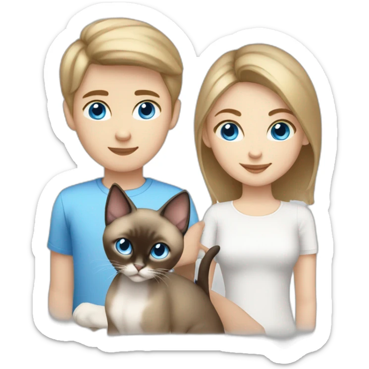 Brown short haired girl with blond boy blue eyes and blued eyes Siamese cat sticker