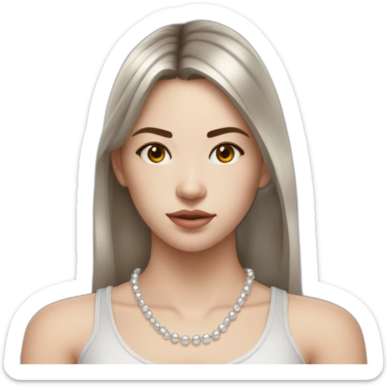 24 years old girl looking weary with white complexion and straight hair around armpit length with brown hair with silver and pearl chain necklace another layer of silver chain necklace sticker