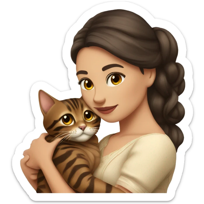 Beautiful woman long dark brown hair in dress hug bengal cat sticker